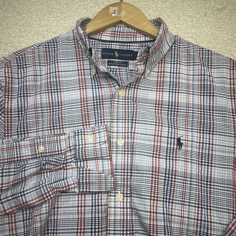 Ralph Lauren Button Down Men M Blue‎ Red Plaid Slim Cotton Stretch Long Sleeve